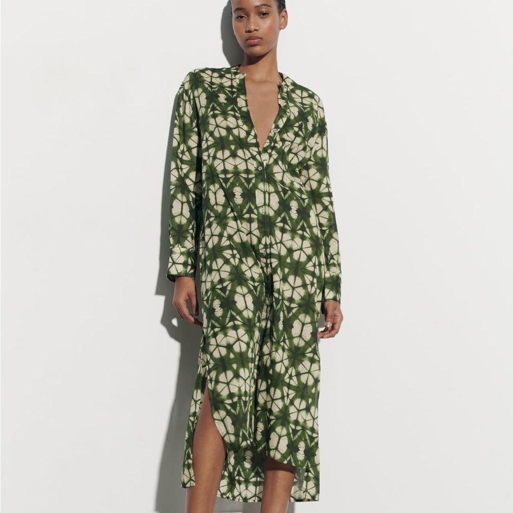 Zara Cream and Green Wrap Midi Dress with Plunge Neckline
